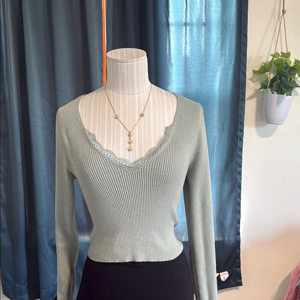 PacSun Sage Green V-Neck Sweater with lace detail